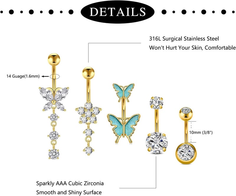 Incaton 14G Belly Button Rings, Stainless Steel Diamond Belly Rings For Women, Dangle Belly Button Rings With Butterfly, 6mm Short & 10mm Bar Navel Piercings - Image 2